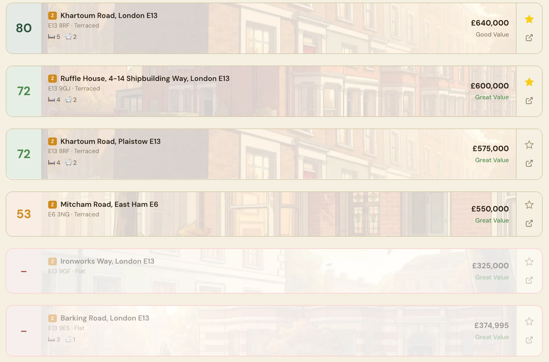 Nookaly search results with match scores and value indicators for multiple properties