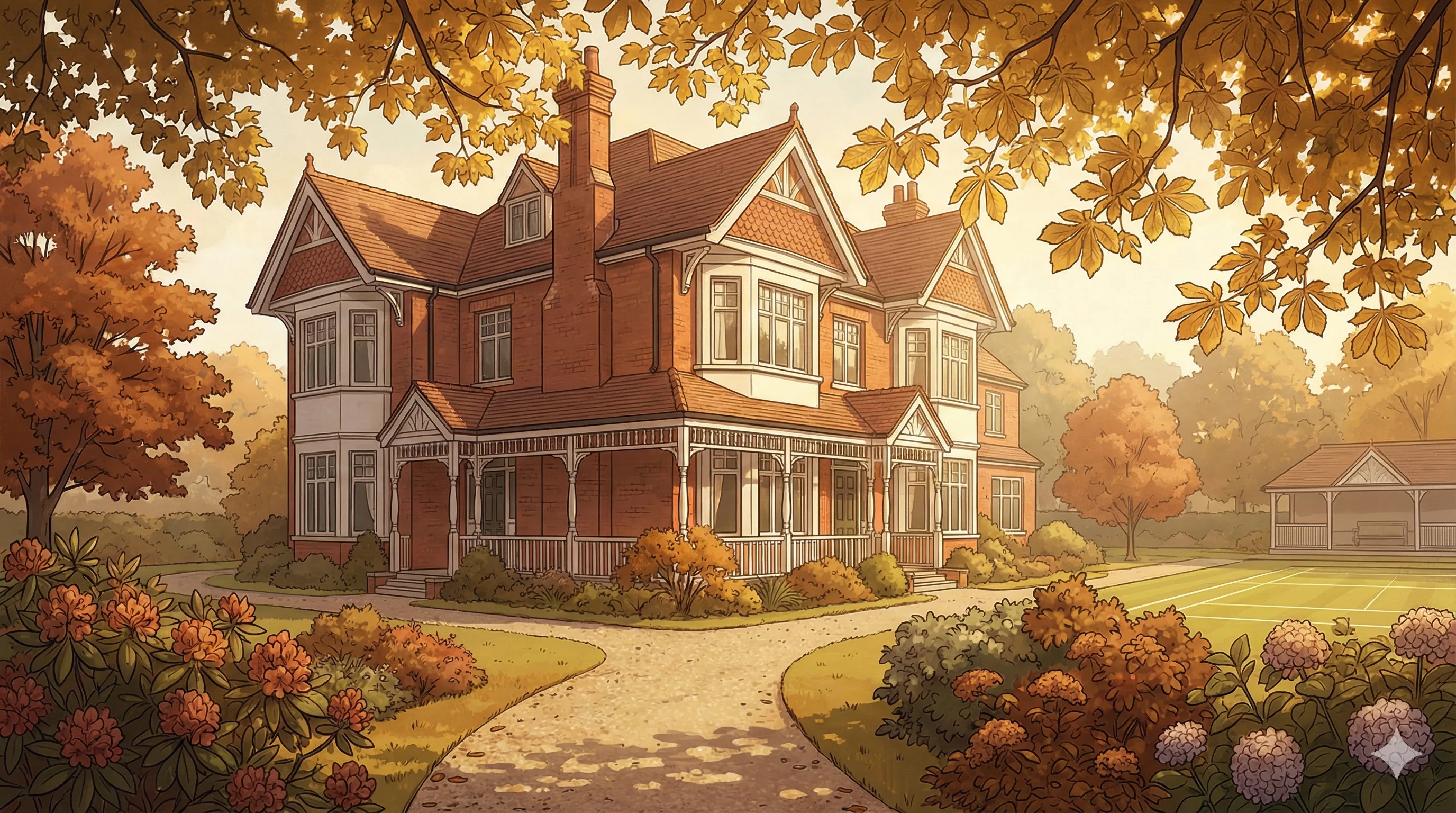 Illustrated detached house in autumn setting — Nookaly analyses every property type