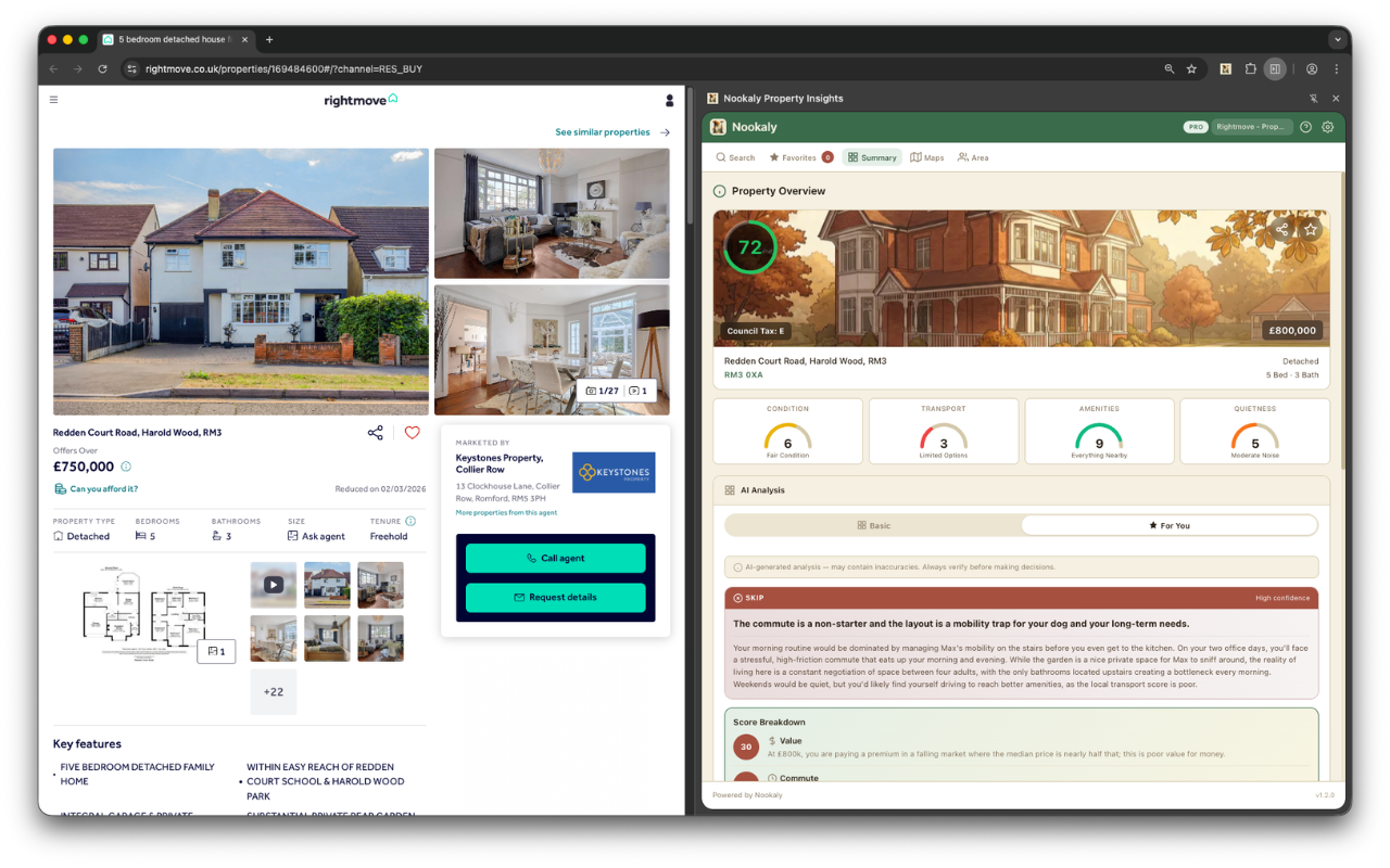 Nookaly Pro showing detailed AI property analysis with match scores, condition ratings, and personalised insights on a Rightmove listing