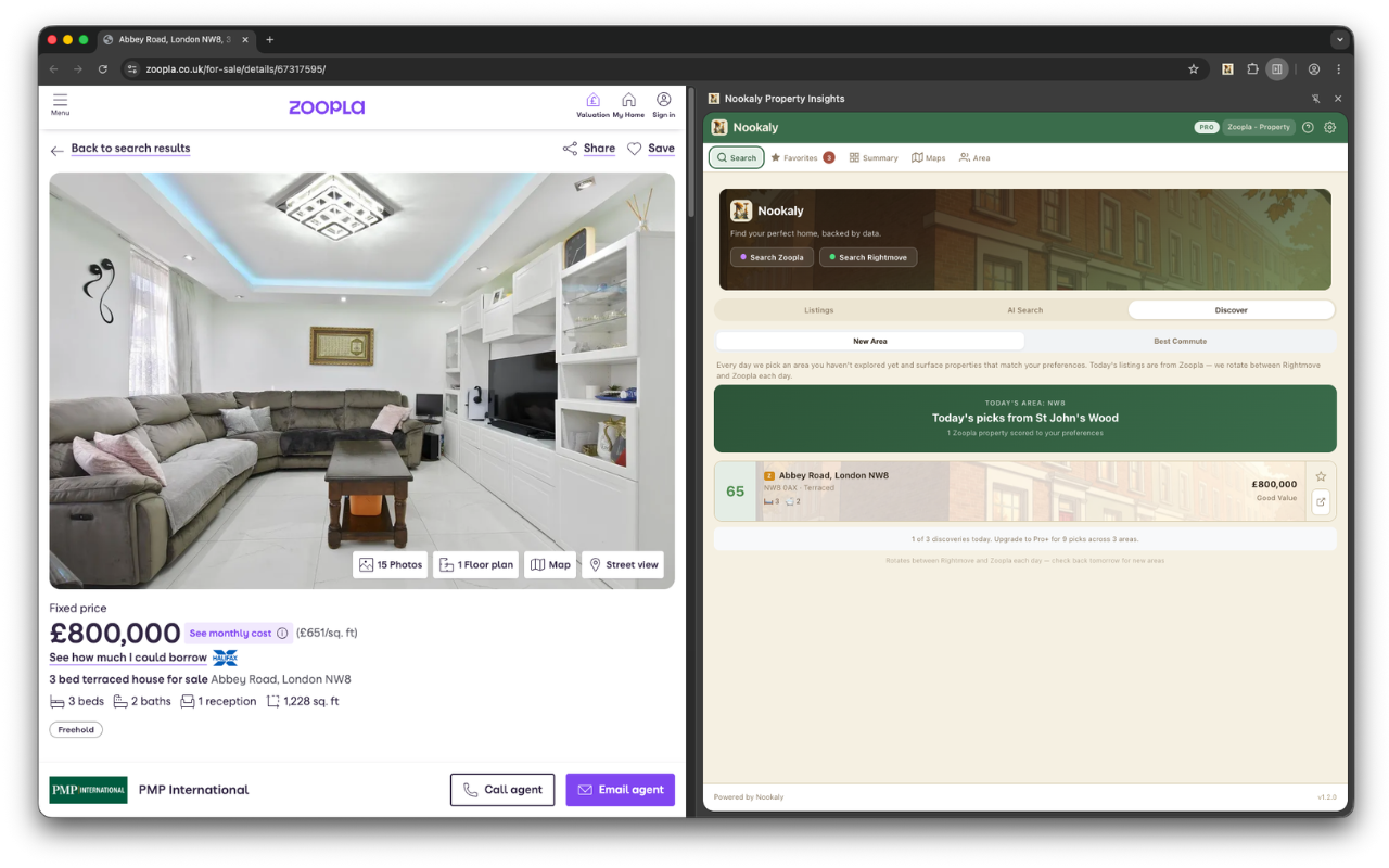 Nookaly Discover feature showing curated daily property picks tailored to user preferences on Zoopla