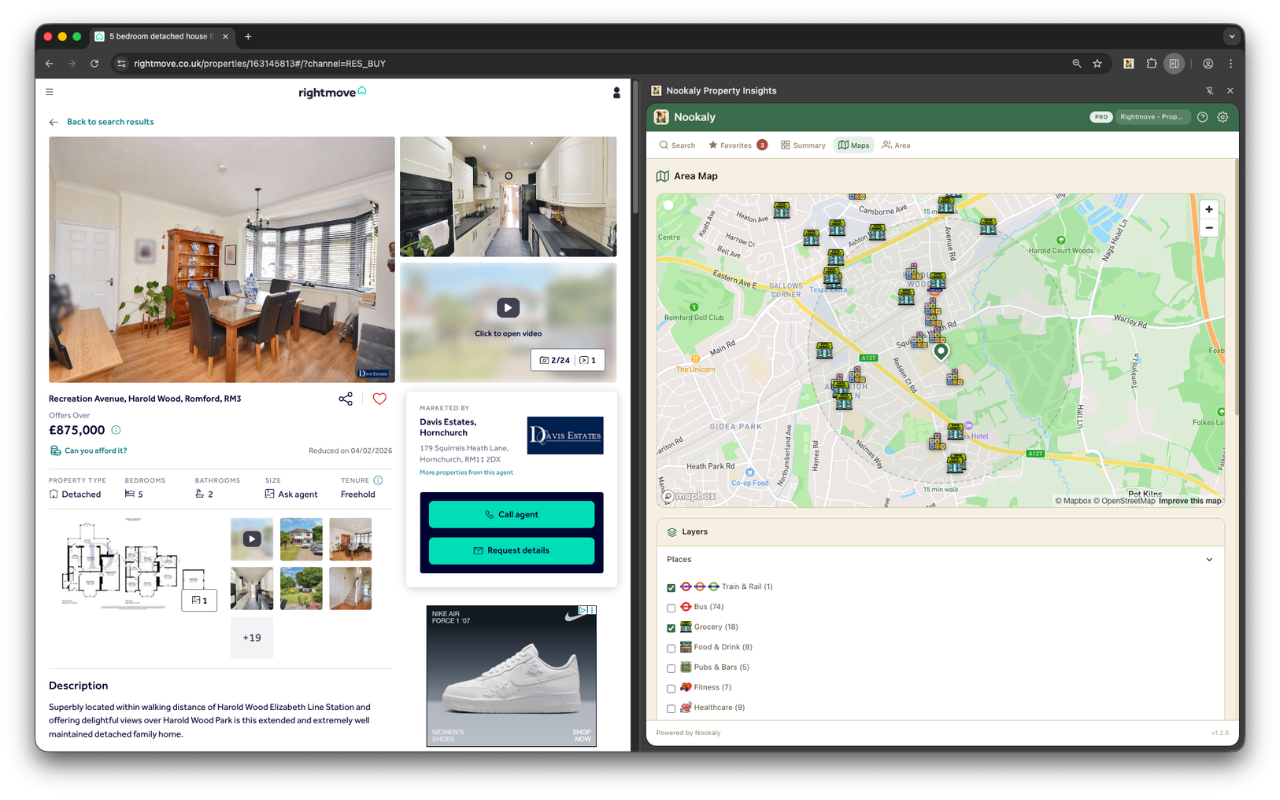 Nookaly area map showing nearby amenities, schools, transport stations, healthcare, and points of interest on an interactive map