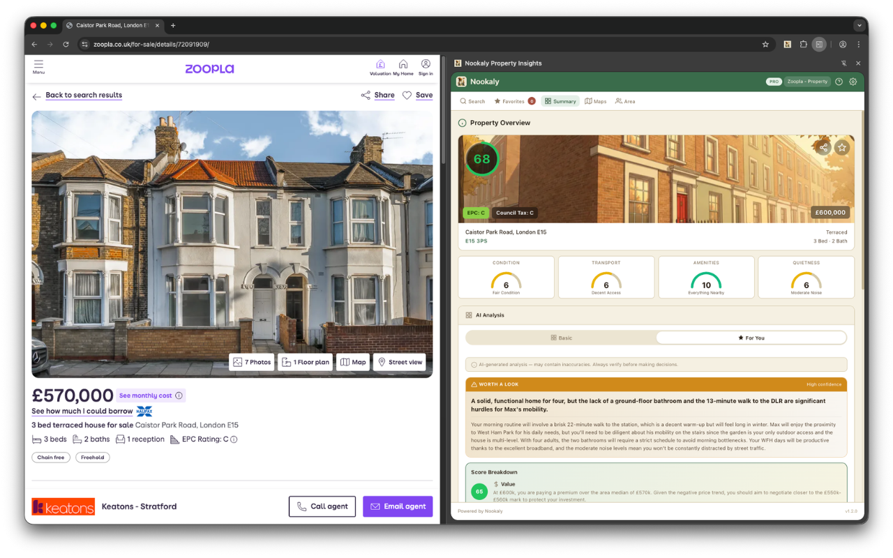Nookaly extension sidebar showing property match scores, condition ratings, and area insights alongside a Zoopla listing