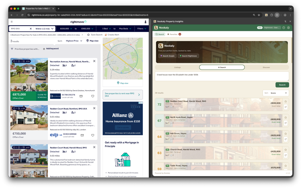 Nookaly AI search showing scored and ranked property results from a Rightmove search page with match percentages