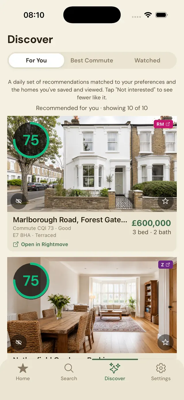 Nookaly Discover feed showing a daily set of scored recommendations, with For You, Best Commute and Watched tabs