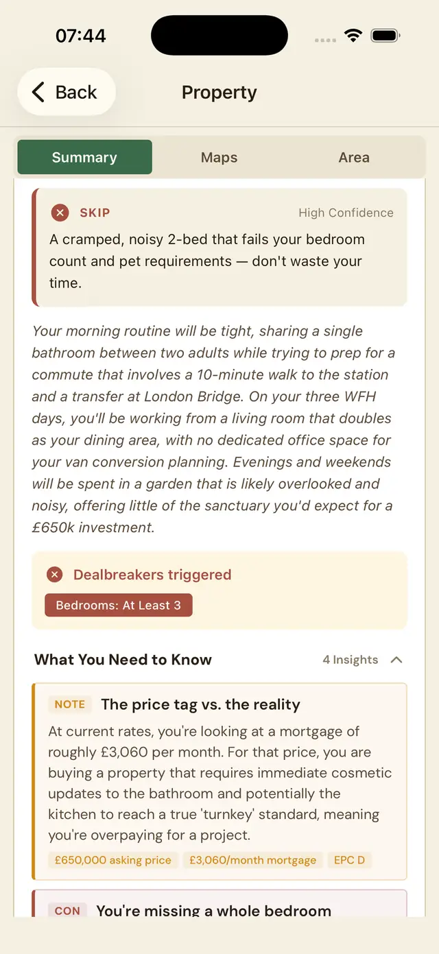 Nookaly app showing a SKIP verdict, the dealbreakers a property triggered, and the insights explaining why