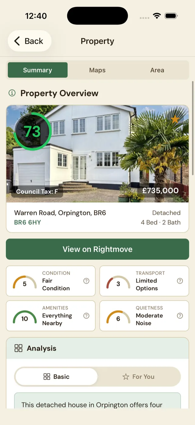 Nookaly app showing a property's personalised match score and overview